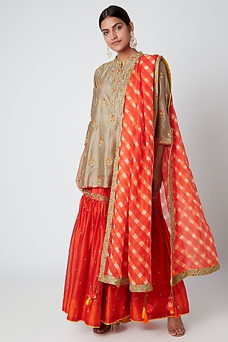 Beige & Orange Embroidered Kurta Set by Sunira