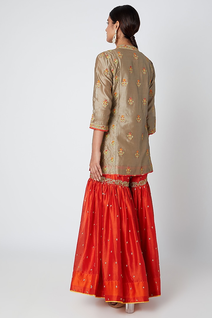 Beige & Orange Embroidered Kurta Set by Sunira at Pernia's Pop Up Shop