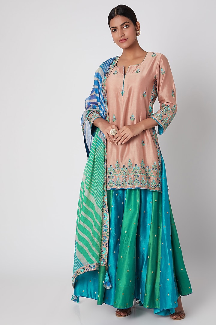 Cobalt Blue & Beige Embroidered Sharara Set by Sunira