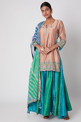 Cobalt Blue & Beige Embroidered Sharara Set by Sunira