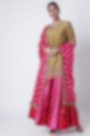Red & Pink Embroidered Sharara Set by Sunira