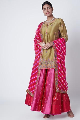 Red & Pink Embroidered Sharara Set by Sunira