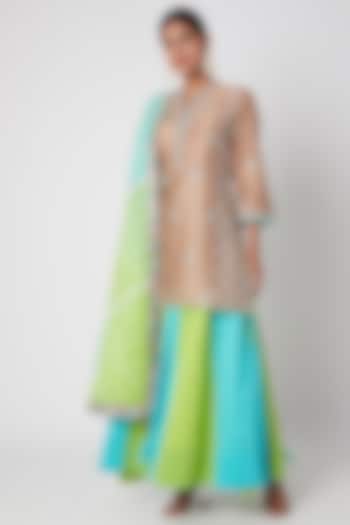 Sky Blue & Mint Green Embroidered Sharara Set by Sunira