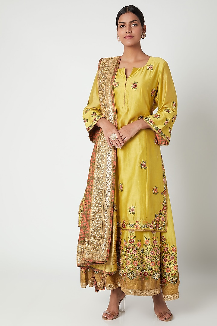 Yellow Floral Embroidered Sharara Set by Sunira