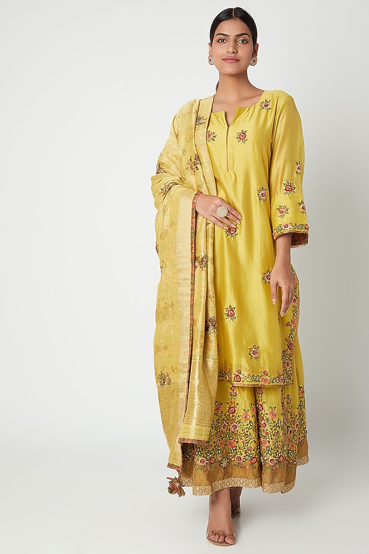 Yellow Floral Embroidered Wedding Sharara Set by Sunira at Pernia's Pop Up Shop