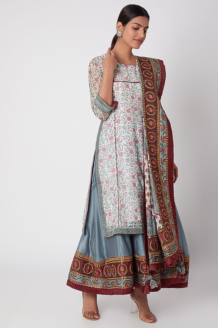 Sky Blue Printed & Embroidered Sharara Set by Sunira