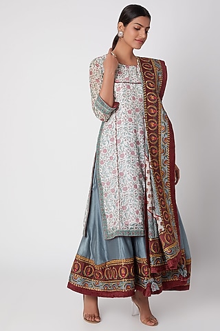 Sky Blue Printed & Embroidered Sharara Set by Sunira