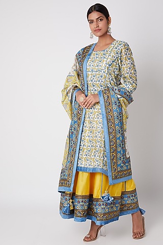 Sky Blue Block Printed & Embroidered Sharara Set by Sunira
