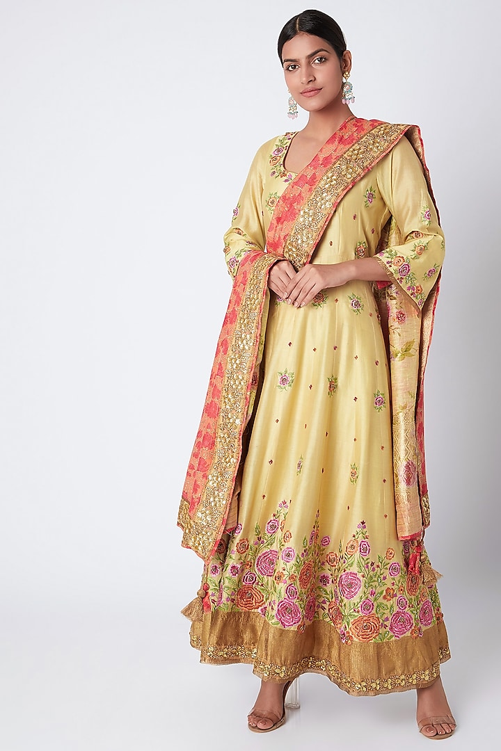 Yellow Embroidered & Printed Sharara Set by Sunira