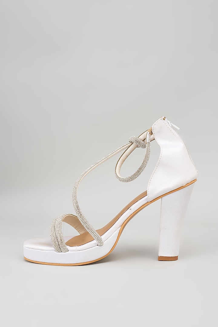 White Synthetic Rhinestone Embroidered Block Heels by Sana K Luxurious Footwear at Pernia's Pop Up Shop