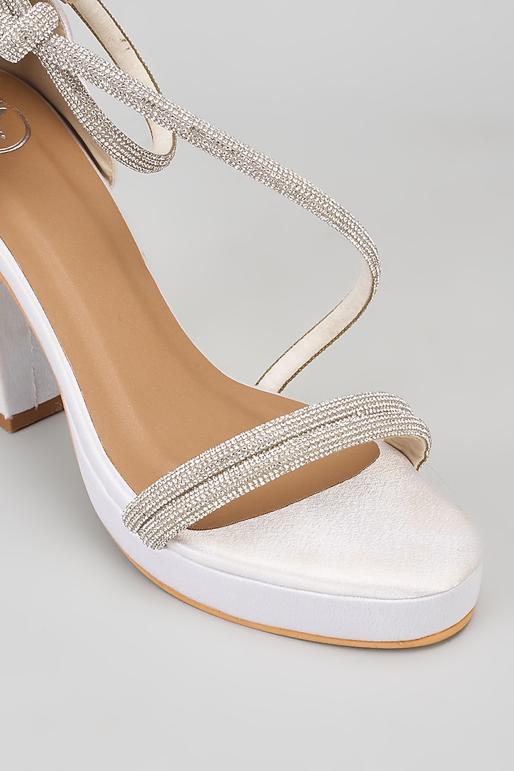 White Synthetic Rhinestone Embroidered Block Heels by Sana K Luxurious Footwear at Pernia's Pop Up Shop