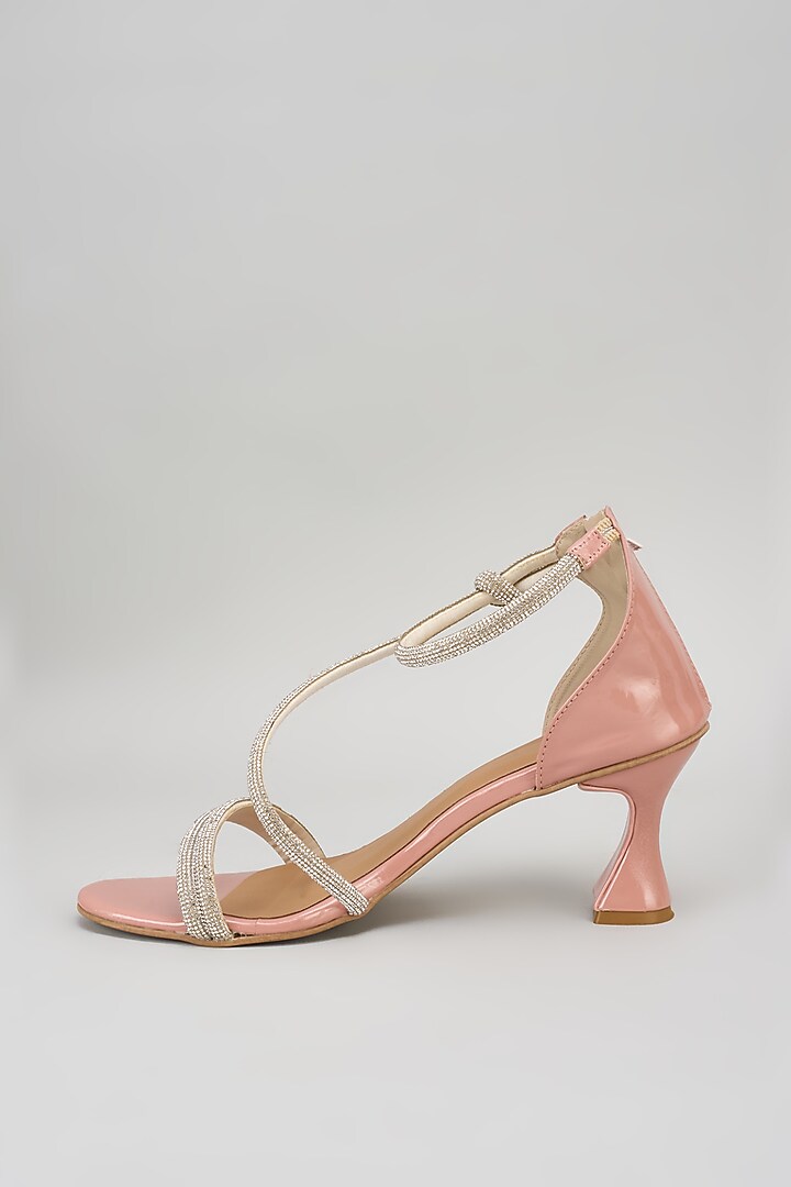 Nude Pink Synthetic Rhinestone Embroidered Bell Bottom Heels by Sana K Luxurious Footwear at Pernia's Pop Up Shop