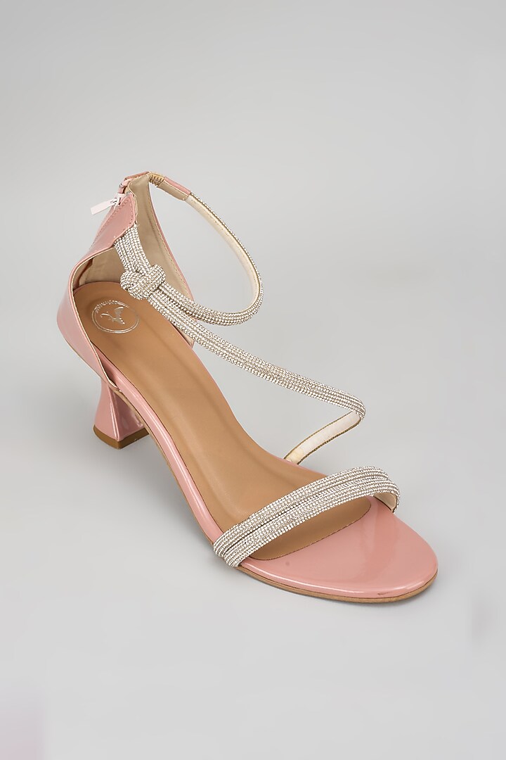 Nude Pink Synthetic Rhinestone Embroidered Bell Bottom Heels by Sana K Luxurious Footwear at Pernia's Pop Up Shop