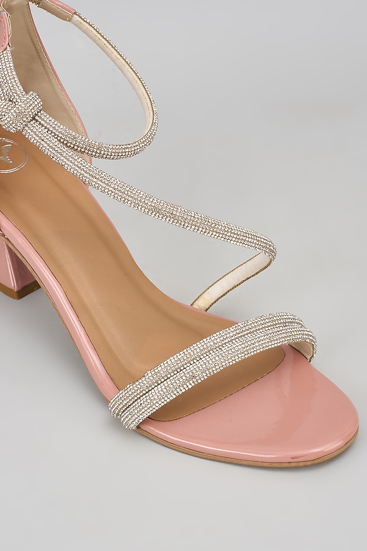 Nude Pink Synthetic Rhinestone Embroidered Bell Bottom Heels by Sana K Luxurious Footwear at Pernia's Pop Up Shop