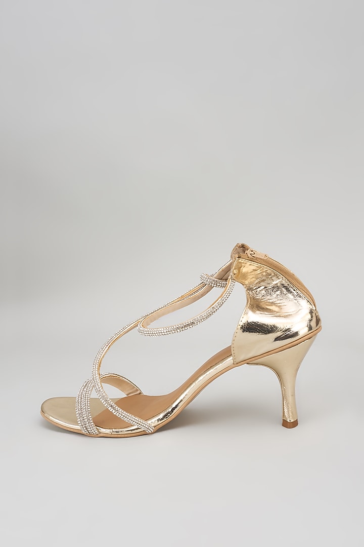 Gold Synthetic Rhinestone Embroidered Bell Bottom Heels by Sana K Luxurious Footwear at Pernia's Pop Up Shop