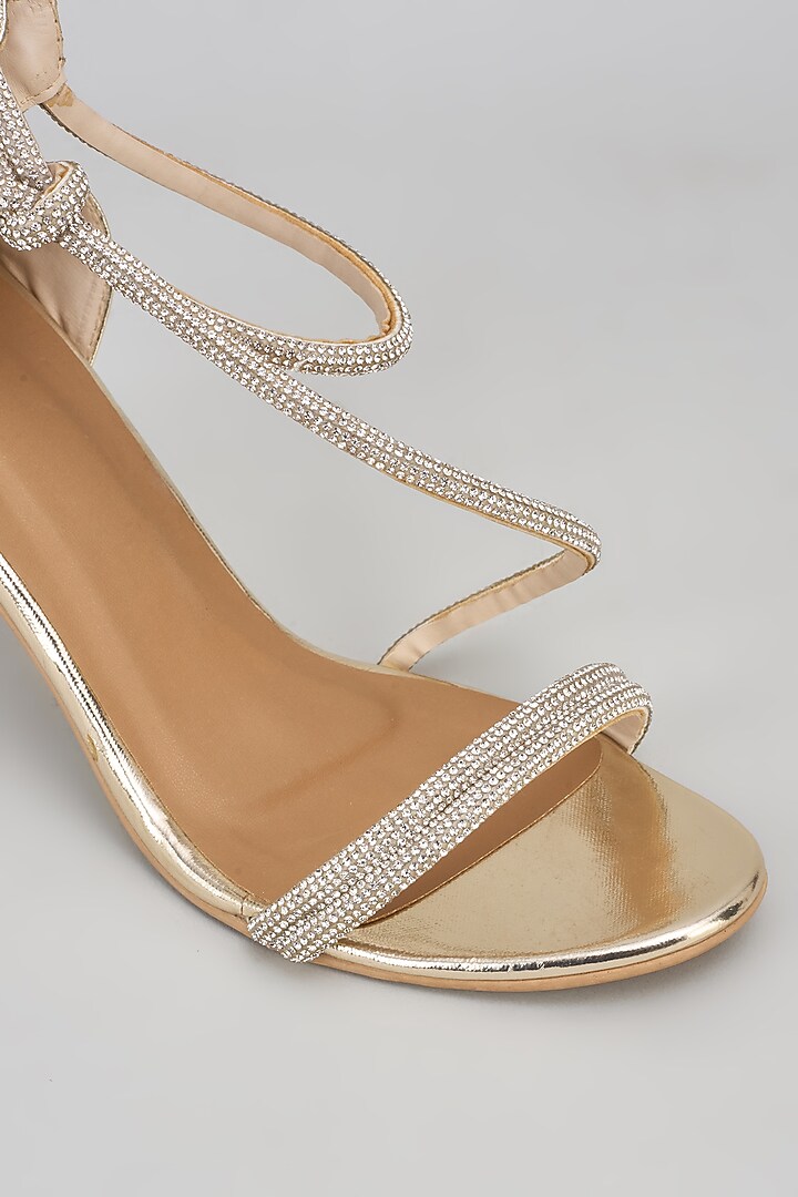 Gold Synthetic Rhinestone Embroidered Bell Bottom Heels by Sana K Luxurious Footwear at Pernia's Pop Up Shop