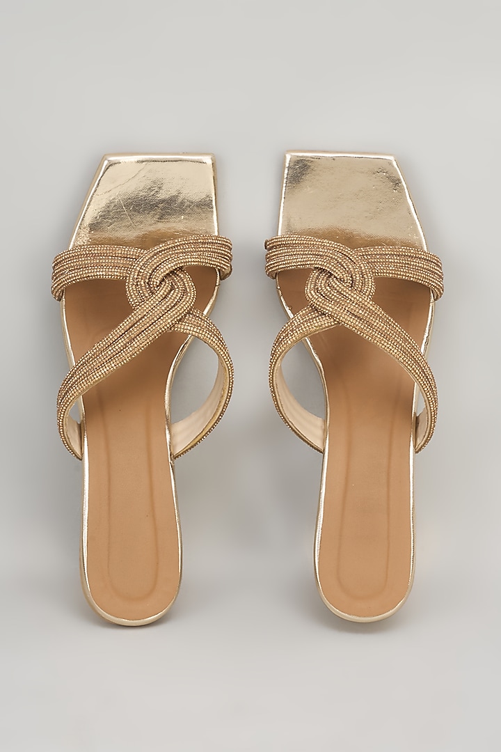 Gold Synthetic Rhinestone Embroidered Block Heels by Sana K Luxurious Footwear