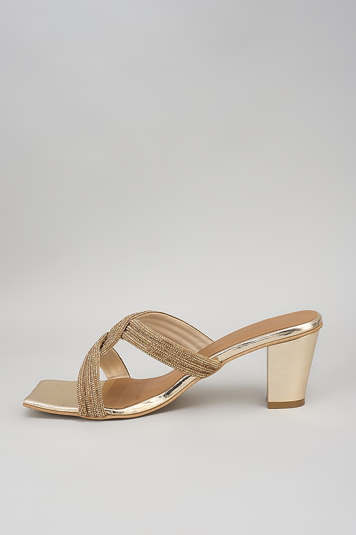 Gold Synthetic Rhinestone Embroidered Block Heels by Sana K Luxurious Footwear at Pernia's Pop Up Shop