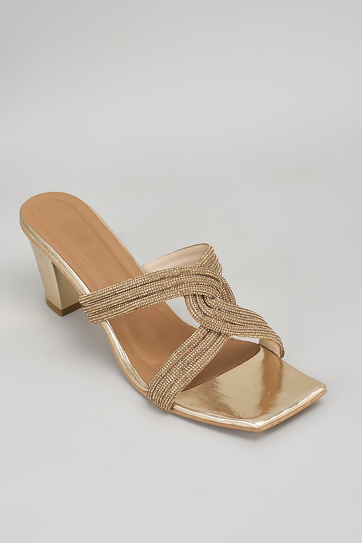 Gold Synthetic Rhinestone Embroidered Block Heels by Sana K Luxurious Footwear at Pernia's Pop Up Shop