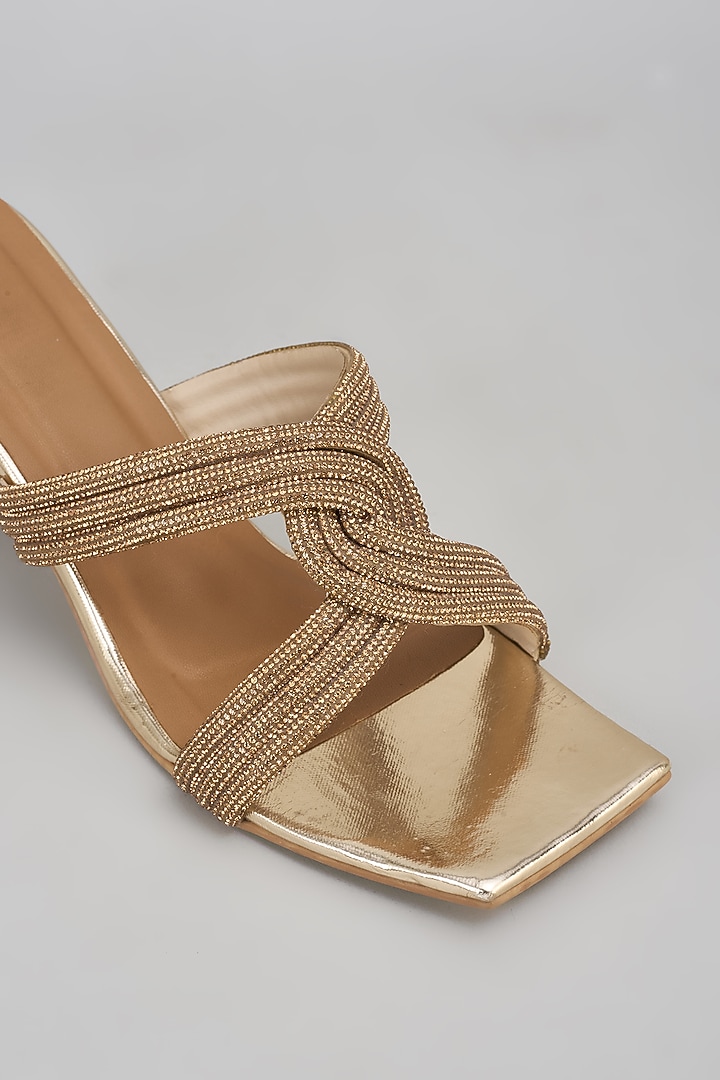 Gold Synthetic Rhinestone Embroidered Block Heels by Sana K Luxurious Footwear at Pernia's Pop Up Shop