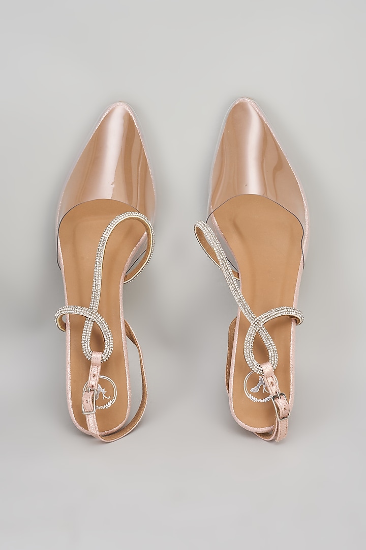 Rose Gold Synthetic Rhinestone Embroidered Bell Bottom Heels by Sana K Luxurious Footwear