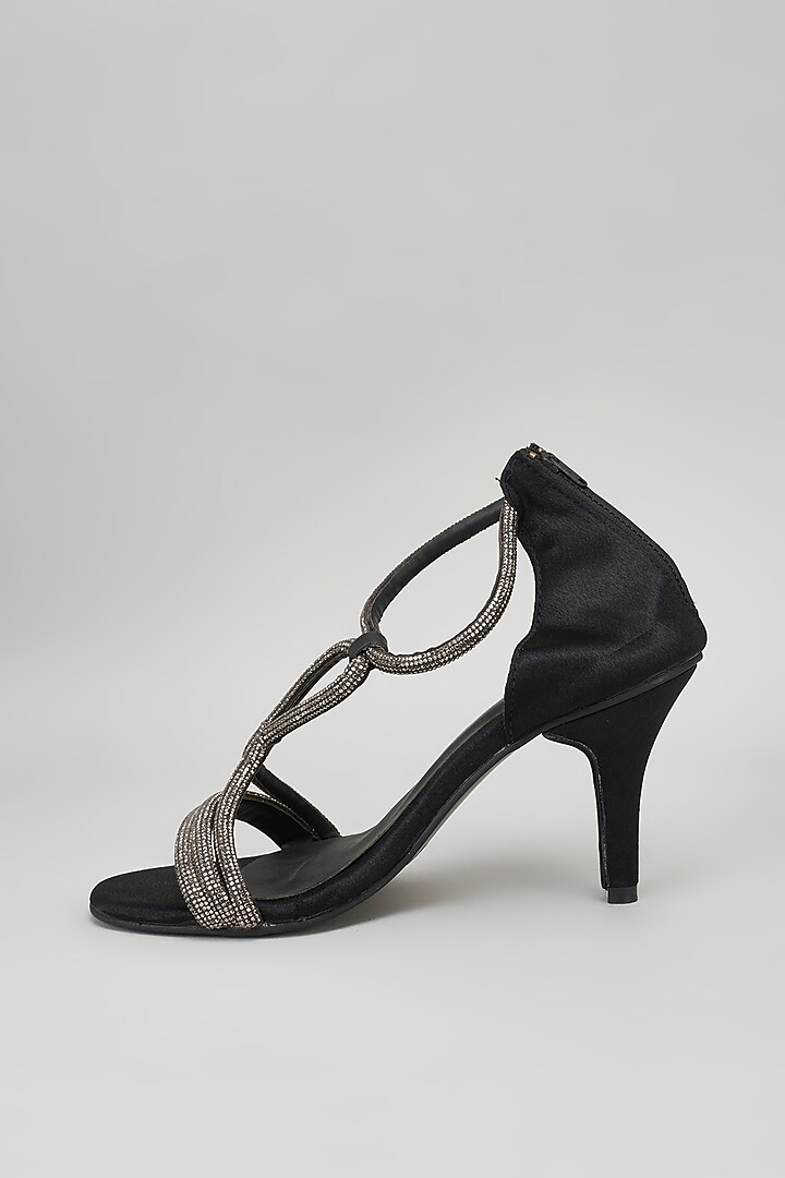 Black Synthetic Rhinestone Embroidered Bell Bottom Heels by Sana K Luxurious Footwear at Pernia's Pop Up Shop