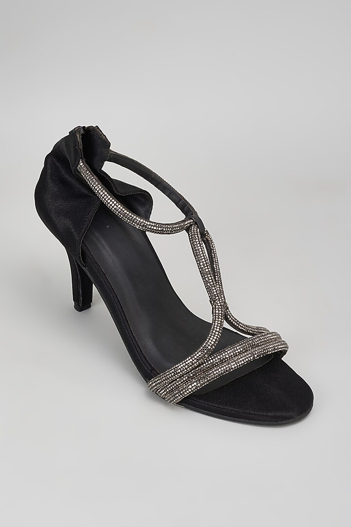 Black Synthetic Rhinestone Embroidered Bell Bottom Heels by Sana K Luxurious Footwear at Pernia's Pop Up Shop