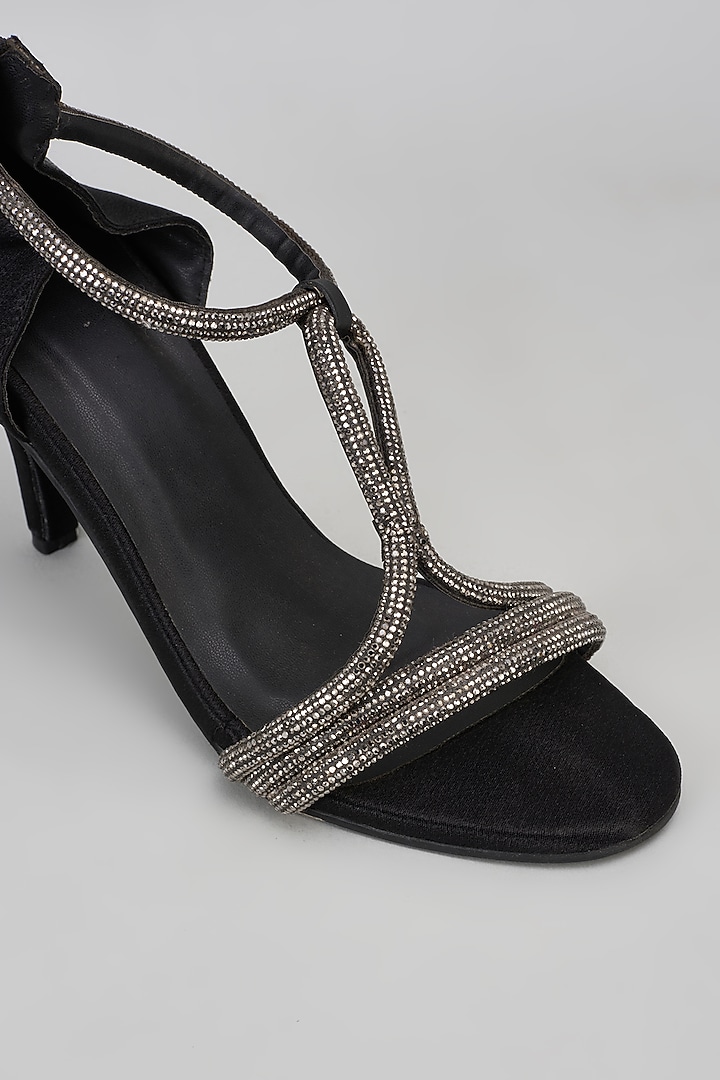 Black Synthetic Rhinestone Embroidered Bell Bottom Heels by Sana K Luxurious Footwear at Pernia's Pop Up Shop