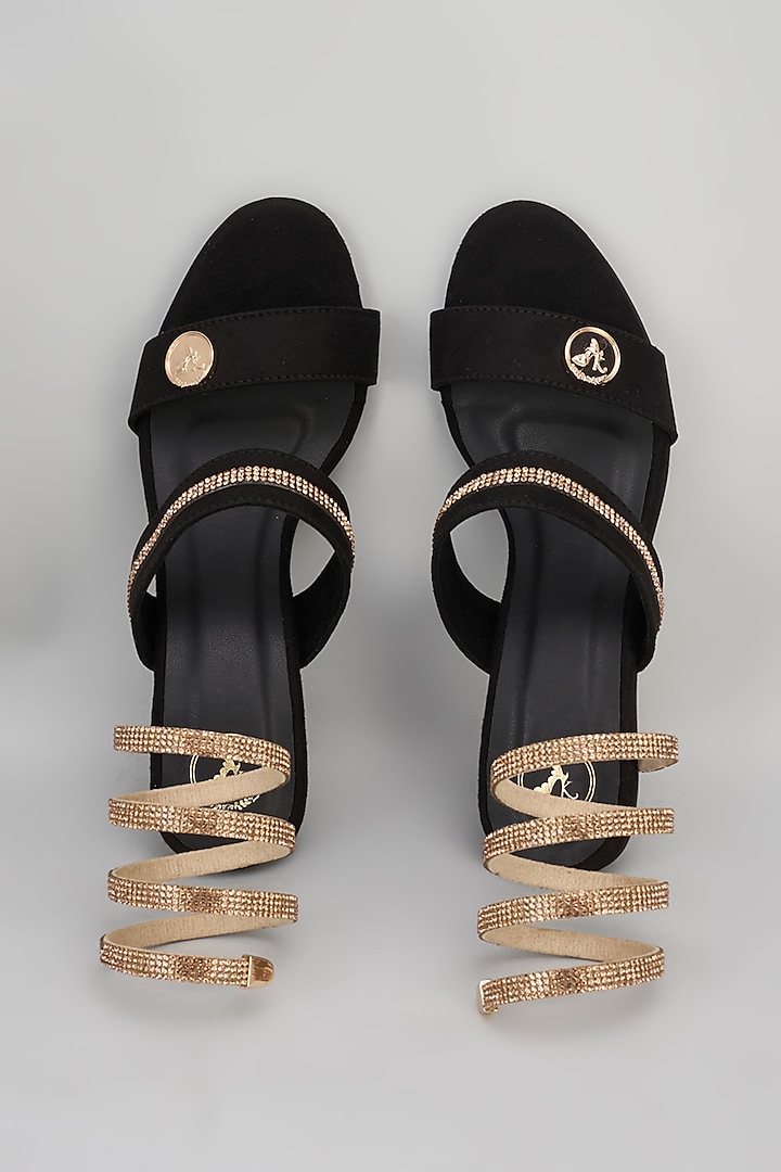 Black Synthetic Rhinestone Embroidered Bell Bottom Heels by Sana K Luxurious Footwear