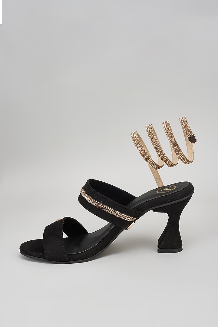 Black Synthetic Rhinestone Embroidered Bell Bottom Heels by Sana K Luxurious Footwear at Pernia's Pop Up Shop
