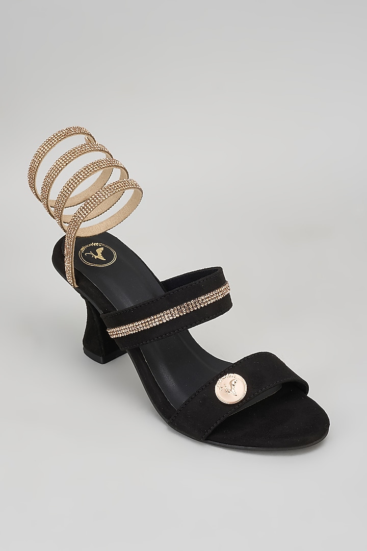 Black Synthetic Rhinestone Embroidered Bell Bottom Heels by Sana K Luxurious Footwear at Pernia's Pop Up Shop