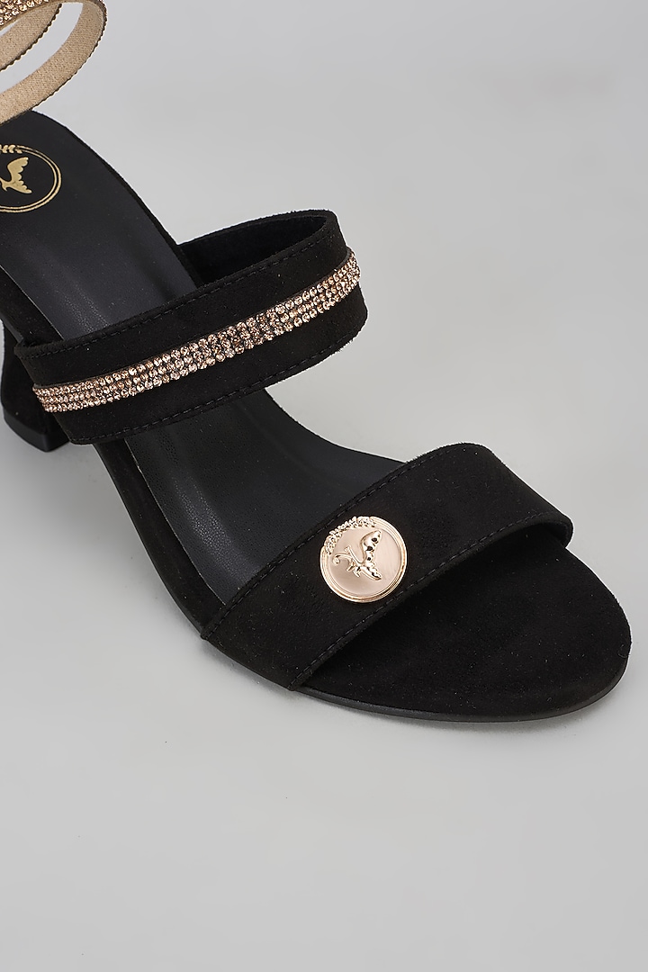 Black Synthetic Rhinestone Embroidered Bell Bottom Heels by Sana K Luxurious Footwear at Pernia's Pop Up Shop