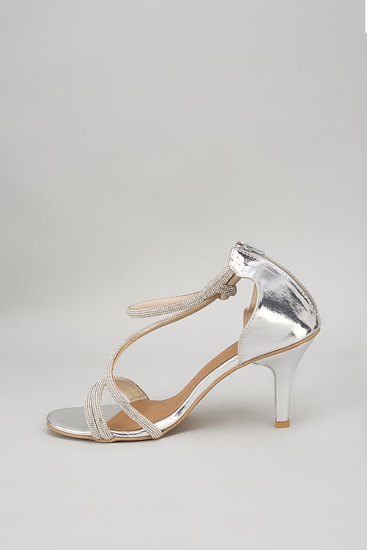 Silver Synthetic Rhinestone Embroidered Bell Bottom Heels by Sana K Luxurious Footwear at Pernia's Pop Up Shop