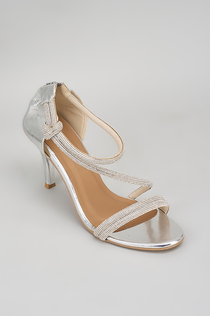 Silver Synthetic Rhinestone Embroidered Bell Bottom Heels by Sana K Luxurious Footwear at Pernia's Pop Up Shop