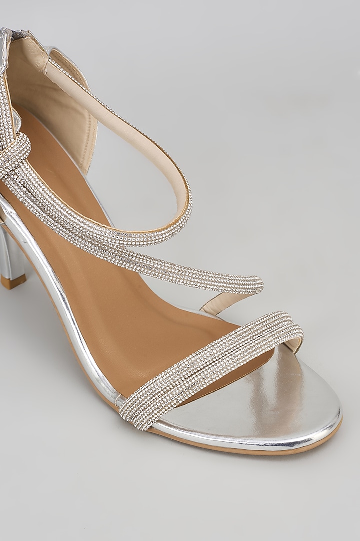 Silver Synthetic Rhinestone Embroidered Bell Bottom Heels by Sana K Luxurious Footwear at Pernia's Pop Up Shop