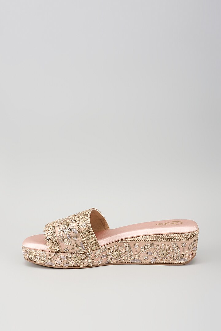 Rose Gold Synthetic Leather Sequins Embroidered Wedges by Sana K Luxurious Footwear at Pernia's Pop Up Shop