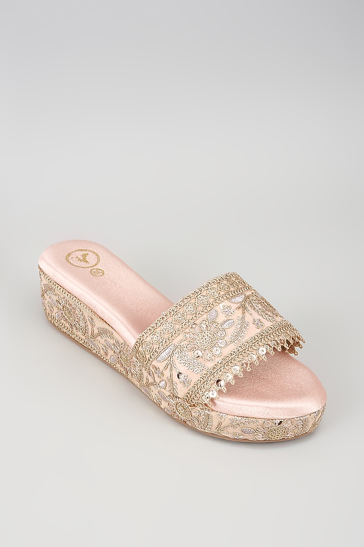 Rose Gold Synthetic Leather Sequins Embroidered Wedges by Sana K Luxurious Footwear at Pernia's Pop Up Shop