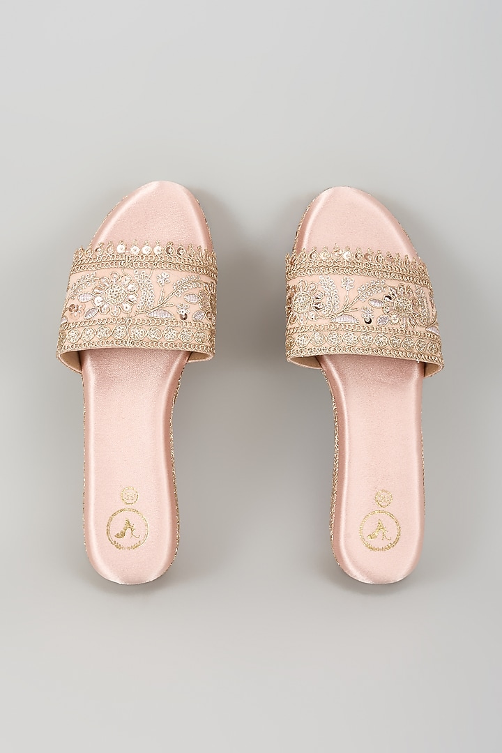 Rose Gold Synthetic Leather Sequins Embroidered Wedges by Sana K Luxurious Footwear at Pernia's Pop Up Shop