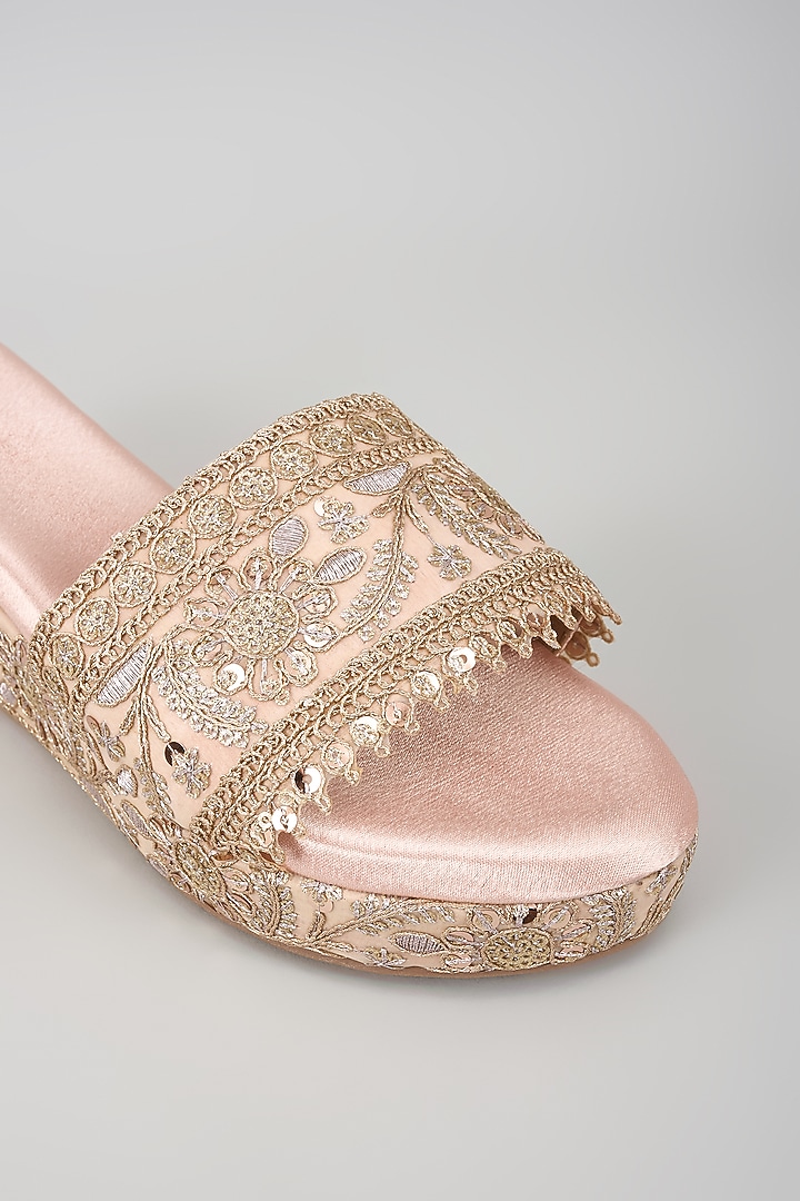 Rose Gold Synthetic Leather Sequins Embroidered Wedges by Sana K Luxurious Footwear at Pernia's Pop Up Shop