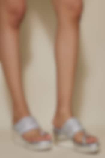 Silver Synthetic Leather Glitter Embroidered Wedges by Sana K Luxurious Footwear at Pernia's Pop Up Shop