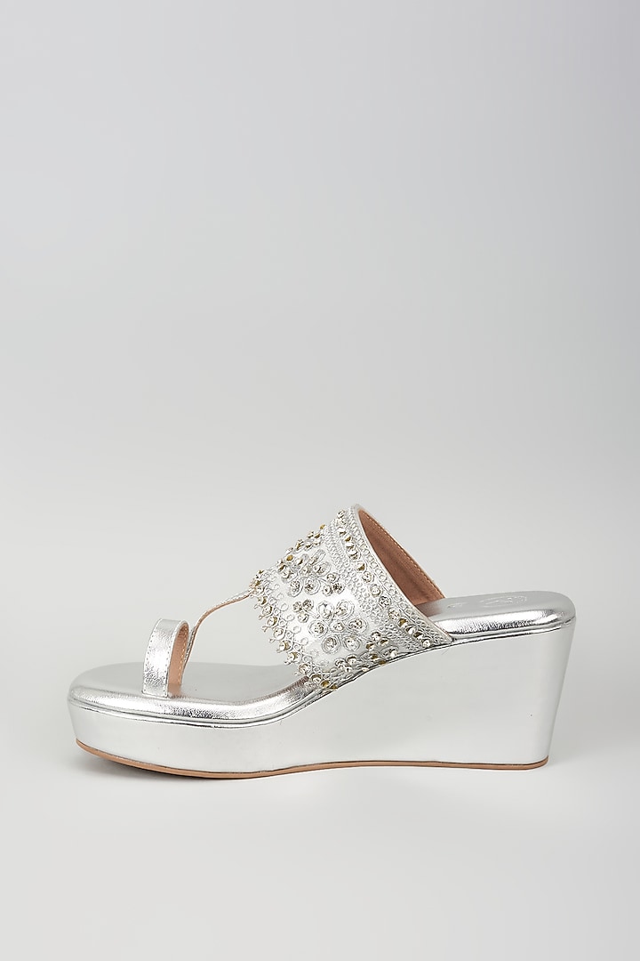 Silver Synthetic Leather Glitter Embroidered Wedges by Sana K Luxurious Footwear at Pernia's Pop Up Shop