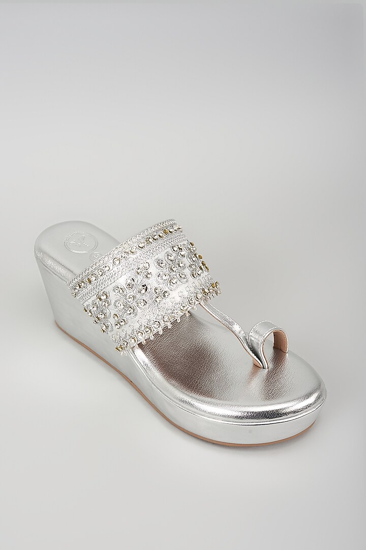 Silver Synthetic Leather Glitter Embroidered Wedges by Sana K Luxurious Footwear at Pernia's Pop Up Shop