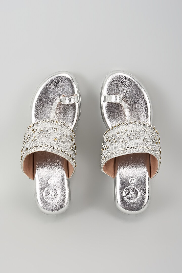 Silver Synthetic Leather Glitter Embroidered Wedges by Sana K Luxurious Footwear at Pernia's Pop Up Shop
