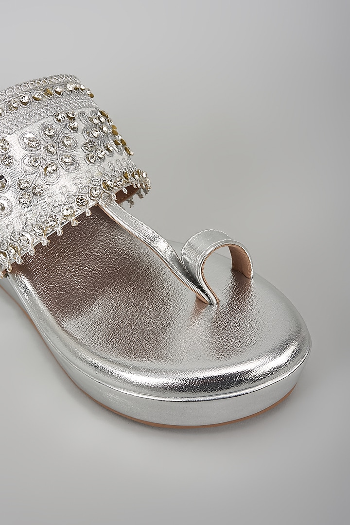 Silver Synthetic Leather Glitter Embroidered Wedges by Sana K Luxurious Footwear at Pernia's Pop Up Shop