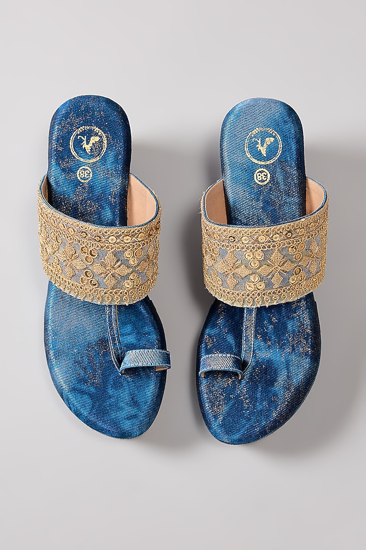 Blue Synthetic Leather Sequins Embellished Open-Toe Wedges by Sana K Luxurious Footwear at Pernia's Pop Up Shop