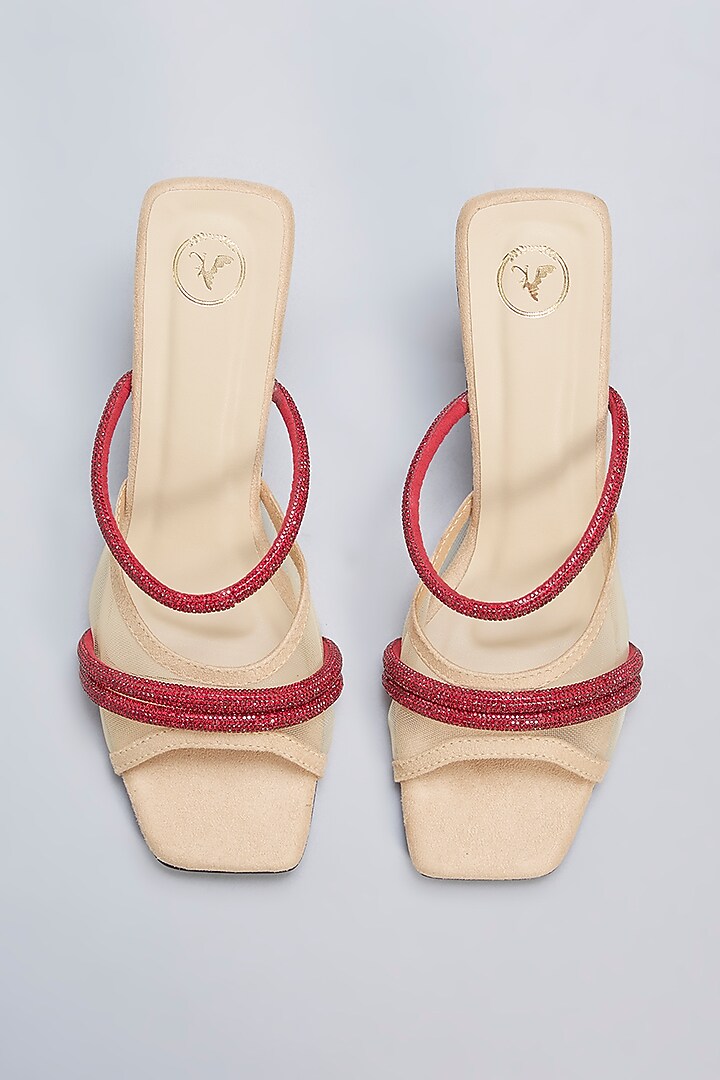 Beige Vegan Leather Ruby Rhinestone Embellished Square-Shaped Heels by Sana K Luxurious Footwear at Pernia's Pop Up Shop