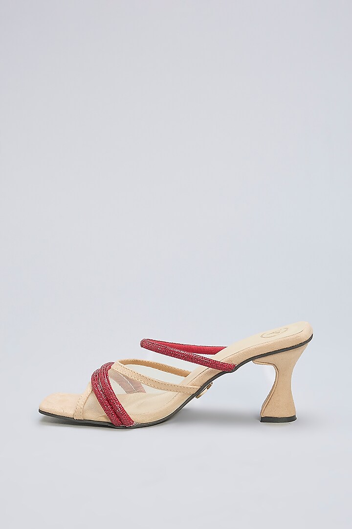 Beige Vegan Leather Ruby Rhinestone Embellished Square-Shaped Heels by Sana K Luxurious Footwear at Pernia's Pop Up Shop