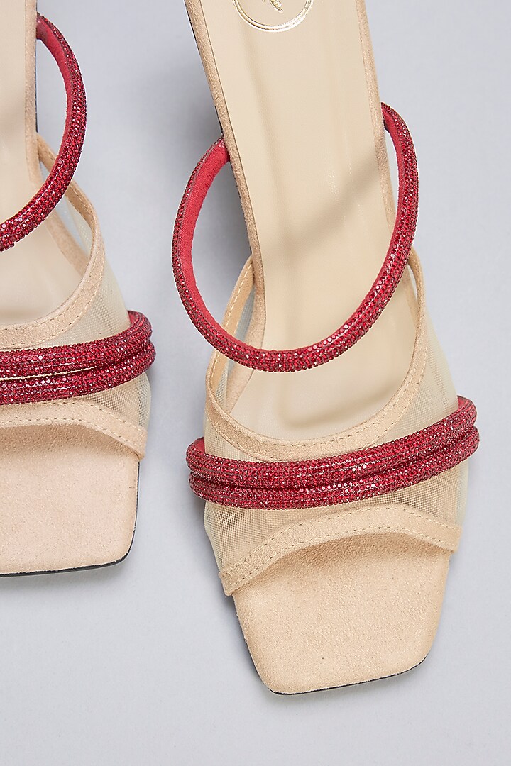 Beige Vegan Leather Ruby Rhinestone Embellished Square-Shaped Heels by Sana K Luxurious Footwear at Pernia's Pop Up Shop