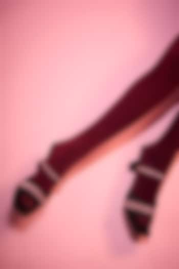 Black Vegan Leather Pink Rhinestone Embellished Square-Shaped Heels by Sana K Luxurious Footwear at Pernia's Pop Up Shop