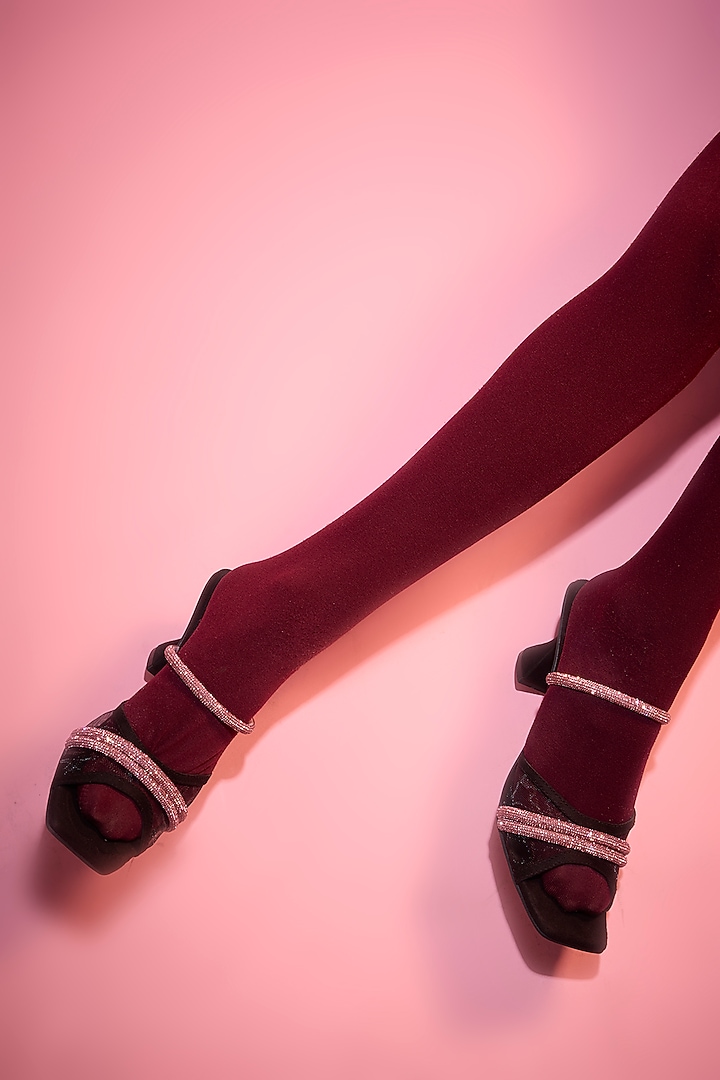 Black Vegan Leather Pink Rhinestone Embellished Square-Shaped Heels by Sana K Luxurious Footwear at Pernia's Pop Up Shop